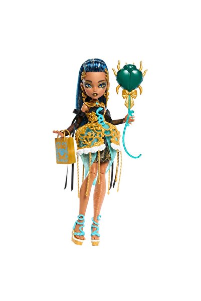 MONSTER HIGH Altın rengi parti elbisesi giyen Cleo De Nile bebek ve davetiye,...