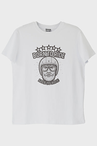 lofux تي شيرت أبيض مطبوع عليه شعار "Born to Ride Live To Road" ذو طابع دراجات...