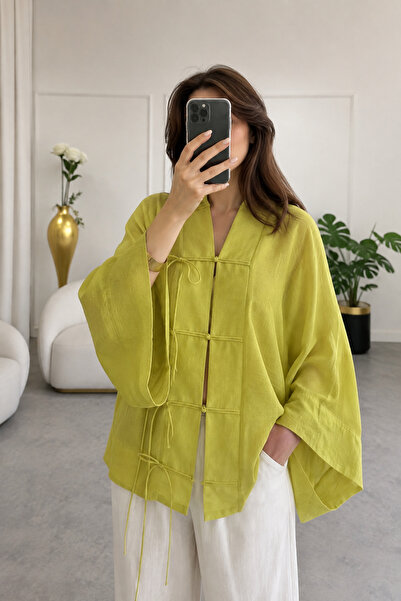 My Blog Oil Green Lace-Up Transparent Shirt - 5098