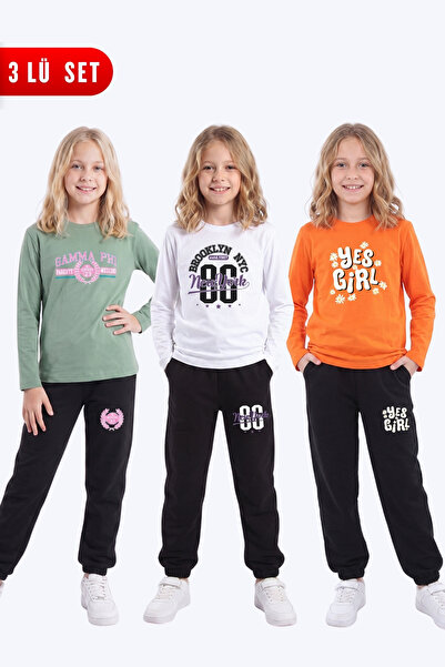 FYK KİDS Girl's 3-Piece Printed Long Sleeve Single Jersey Tracksuit Set