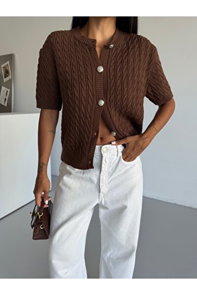 Gülçin Coşkun Short Sleeve Knitted Gold Button Detailed Women's Knitwear Card...
