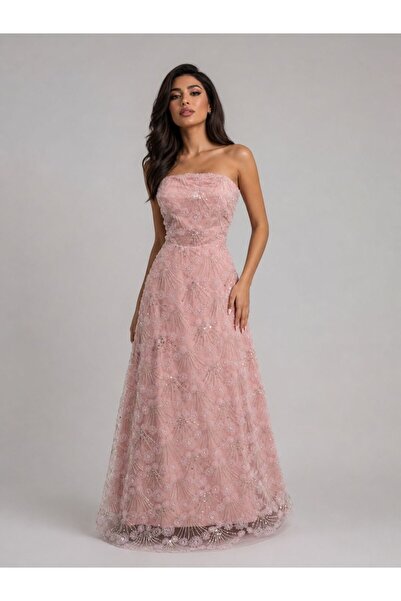 ranin Red Evening Dress with Tulle Embroidery and Double Beading.