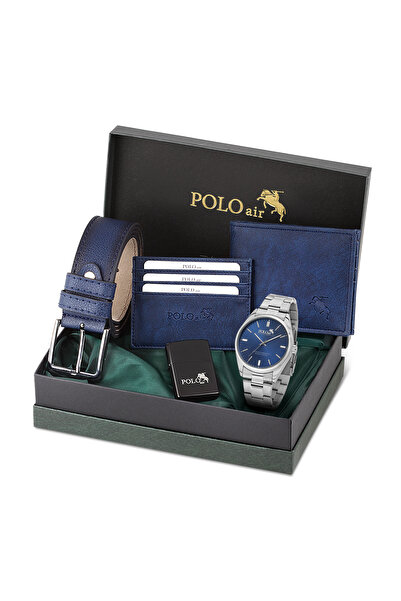 Poloair Klasik Metal Kordon Erkek Kol Saati Cüzdan Kemer Kartlık Çakmaklı Set...