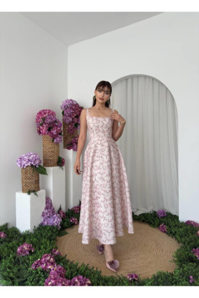 Moda Days فستان نسائي وردي متوسط الطول بياقة مربعة وحزام مزين بالزهور وفستان ...