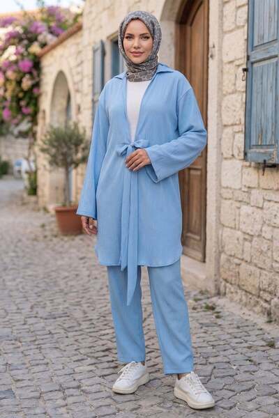 hafsamina Tied Kimono Double Set Baby Blue Hm2938