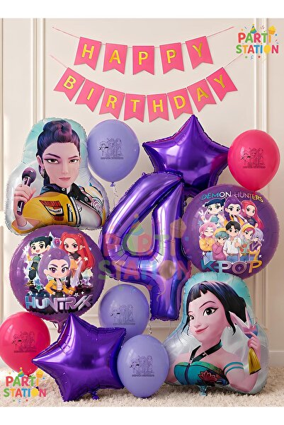 Parti Station K-Pop Themed 4 Year Old Birthday Balloon Set 12 Piece Demon Hun...