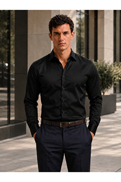 viyamen Saten Görünümlü Erkek Gömlek Uzun Kollu Slim Fit Klasik