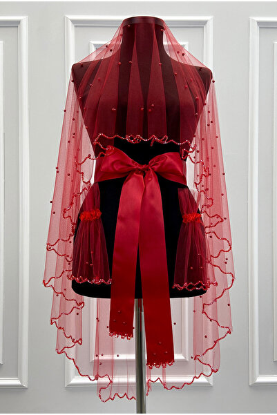 ZEYMERADE Red Veil Set, 6 Pieces with Pearl and Sparkling Crystal Stone Decor...