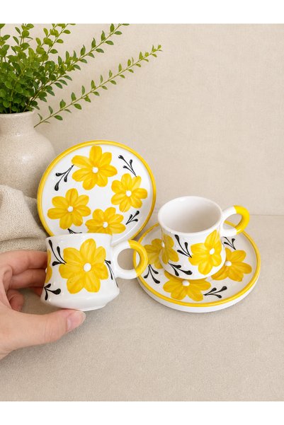 ASSERAMİK Yellow Flower Pattern Handmade Ceramic 2-Piece Coffee Cup Set