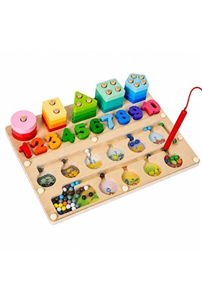 KRUZZEL Sortator educativ Montessori din lemn 3 în 1, labirint magnetic cu bi...