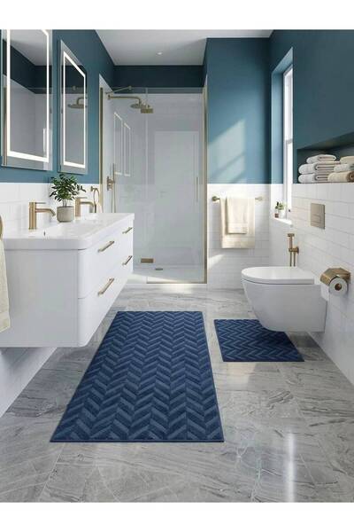 Hilal Home PREMİUM 2'Lİ Lacivert Zikzak DESENLİ Kaymaz Tabanlı Banyo Paspas t...