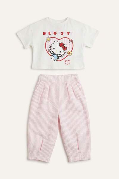 DeFacto Hello Kitty Lisanslı Kısa Kollu Tişört Esnek Belli Pantolon Alt 2li T...