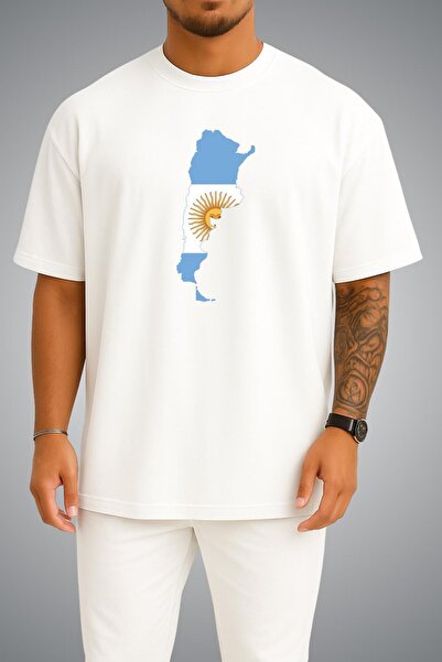 Bahriyeli Collection Oversize Argentina Flag and Map Chest Printed Unisex T-S...