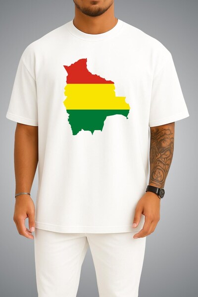 Bahriyeli Collection Oversize Bolivia Flag and Map Chest Printed Unisex T-Shirt