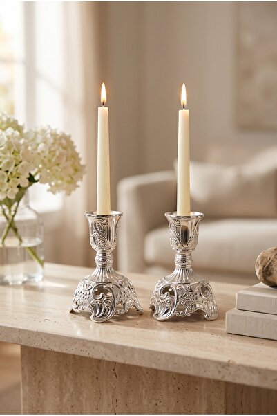 RASHA COLLECTION 2'li Gümüş Renk İşlemeli Metal Küçük Şamdan Seti