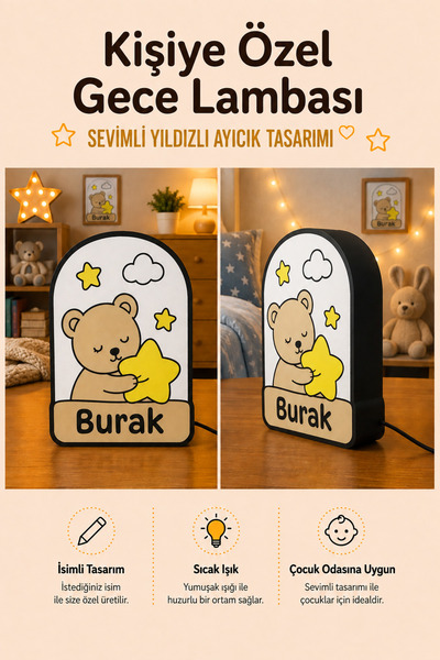 Tovo Craft Kişiye Özel İsimli Yıldızlı Ayıcık Gece Lambası Sıcak Işıklı Çocuk...