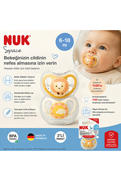 Nuk Space Silikon Emzik (6–18 Ay) 2’li – Aslan/Güneş Desenli