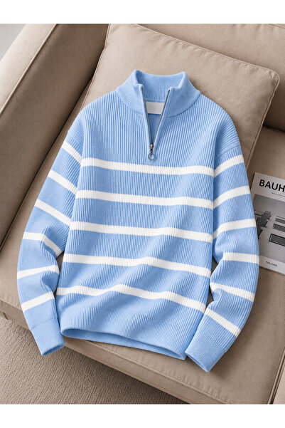 threeoff Men's Premium Ribbed Striped Knitwear Sweater with Half Zipper Moder...