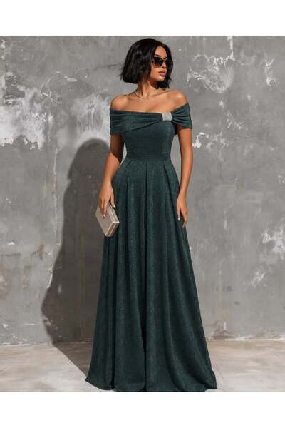 Modafeminen Strapless Collar Stone Detailed Slit Silvery Crepe Dress Emerald ...