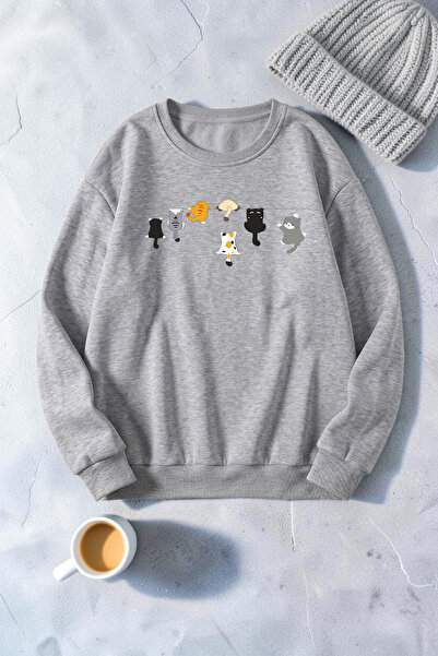 uyguntarz Unisex Little Naughty Cats Printed Crew Neck Sweatshirt
