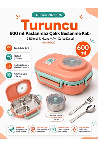 Uzspace 8021-8092 Turuncu 600 ml 4 Bölmeli Paslanmaz Çelik Beslenme Kabı (Lun...