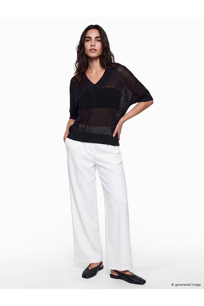 LC Waikiki Lcw Vision Black V-Neck Openwork Women's Knitwear Sweater