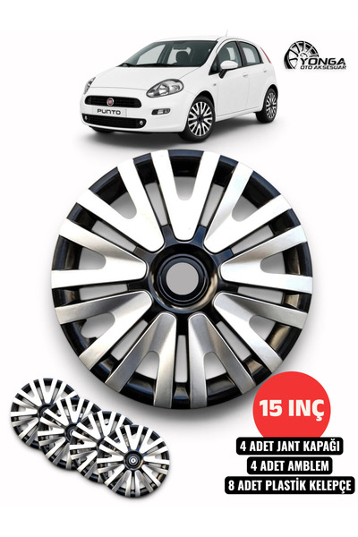 YONGA OTO AKSESUAR FİAT PUNTO 15 İnç Jant Kapağı 4'lü Set Siyah Gümüş + 4 Amb...
