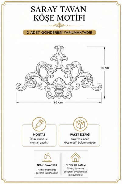 Dekonil Gümüş Saray Tavan - Duvar Çıtası Köşe Motifi 27x18 - 2 Adet