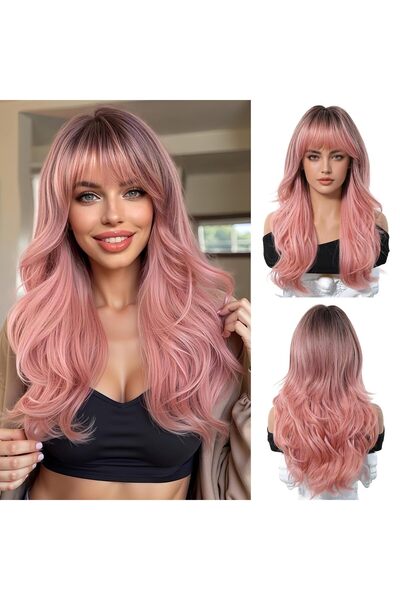 STARSTAR Long pink wig, wavy wig with tassels, synthetic women's hair, natura...