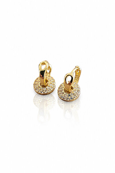 Zirkon Taşlı Yuvarlak Sallantılı Gold Küpe – 925 Ayar Gümüş