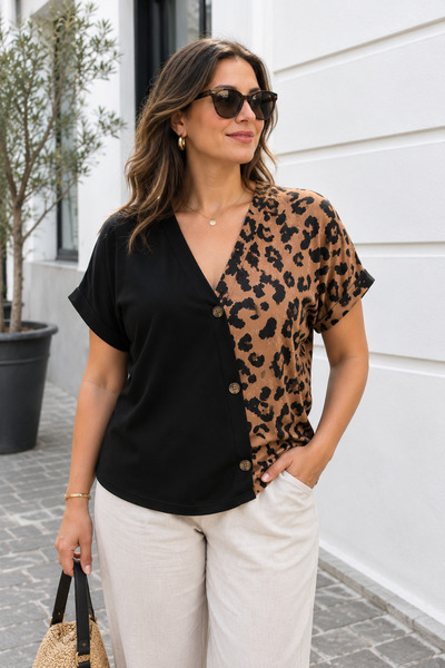 Kokosh moda Bluză de damă cu decolteu în V, cu nasturi, cu model, croială con...