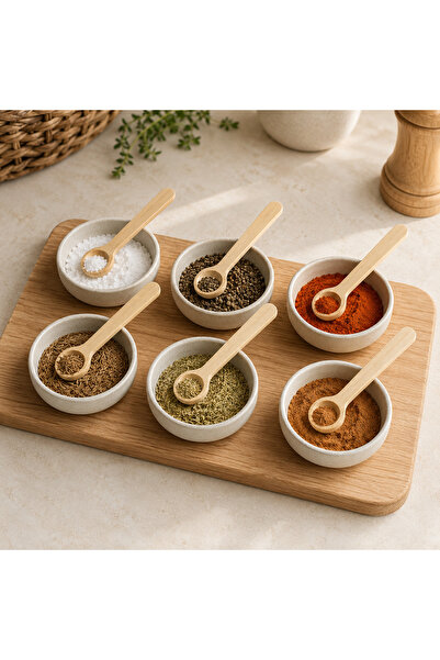 kitchen soft 6'lı Doğal Ahşap 10 cm Kahve Baharat Tuz ve Şeker Ölçü Kaşığı Seti