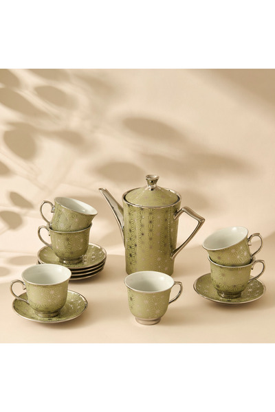 Lifestyle Geometric Print 12-Piece Porcelain Cup and Saucer Set with Teapot