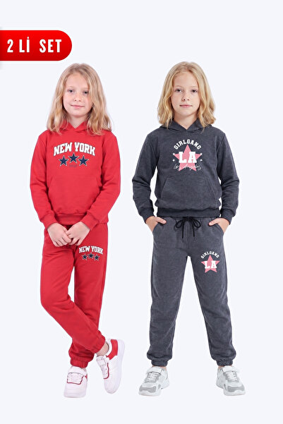 FYK KİDS Girl's 2-Piece Printed Kangaroo Pocket Hooded Tracksuit Set