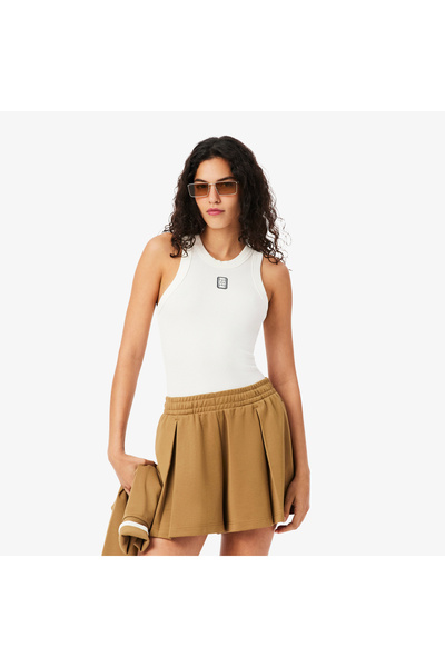 Lacoste Kadın Slim Fit Kolsuz Bisiklet Yaka Baskılı Beyaz T-Shirt