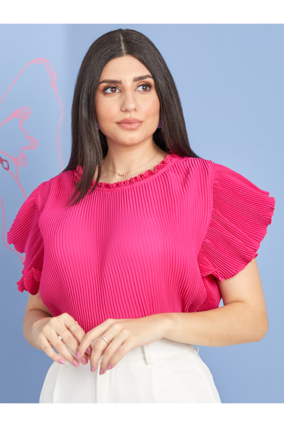 Styli Ruffle Sleeves Round Neck Plisse Top