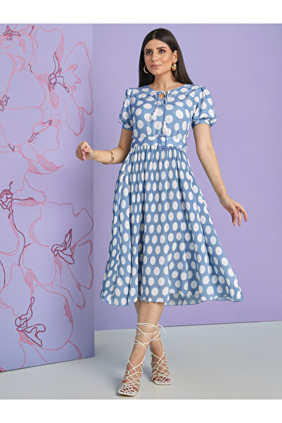 Styli Cuffed Sleeves Pokka Dot Pleated A-Line Midi Dress
