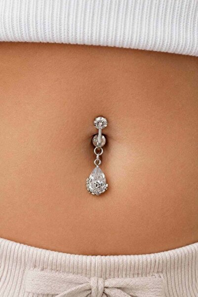 TAKIŞTIR Gümüş Renk Taşlı Delik Gerektirmeyen Cerrahi Çelik Göbek Piercing