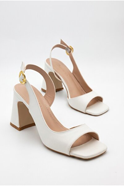 Redoxy Women's White Design Asymmetrical Strappy Blunt Toe Thick Heeled Shoes