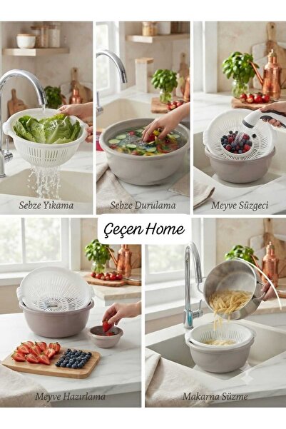 ÇEÇEN HOME 30cm Wide Multi-Purpose Colander Bowl - Double Layer Perforated Ve...