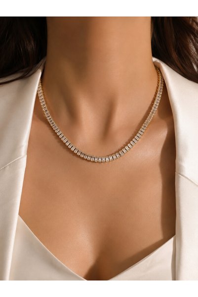 Elmosia Jewelry Baget Stone Non-Rotating Waterway Necklace Gold Color |   Elegant Women's Necklace with Zircon Stones |   Stylish Everyday and Special Occasion Jewelry