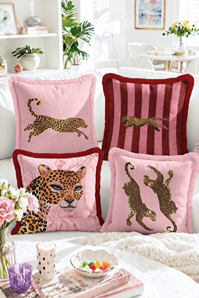 Realhomes Pink and Burgundy Striped Patchwork 4-Piece Fringed Throw Pillow Co...