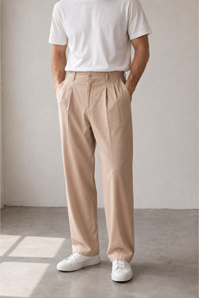 viyamen Men's High Waist Pleated Wide Leg Comfortable Fit Fabric Trousers