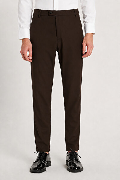 Montivo Men's Brown Modern Cut Slim Fit Classic Fabric Trousers