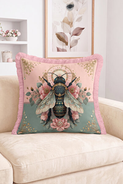 Realhomes Fringed Throw Pillow Cover with Bee Figures, Floral and Ornamental ...