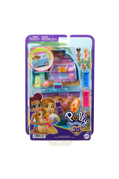 Polly Pocket SET COMPACT MINIVAN DE PLAJĂ CU NISIP, PLUS PĂPUȘI ȘI ACCESORII