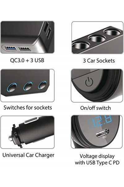 Maclean Splitter priză brichetă auto 12V 24V 4xUSB PD QC cu voltmetru
