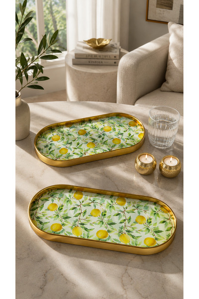 Leila Lemon Gold Glass Presentation Tray Decorative Coffee and Catering Presentation Tray - Tray Gold 2 Pieces 12X30 cm