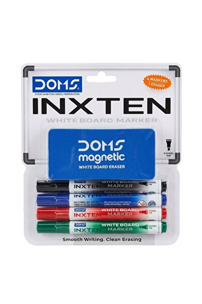 doms INXTEN Whiteboard Marker Set with Magnetic Eraser – 4 Colors + 1 Eraser