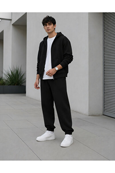 BayBayan Men's 3-Yarn Oversize Hooded Zipper Sweatshirt Cardigan Track Suit Set